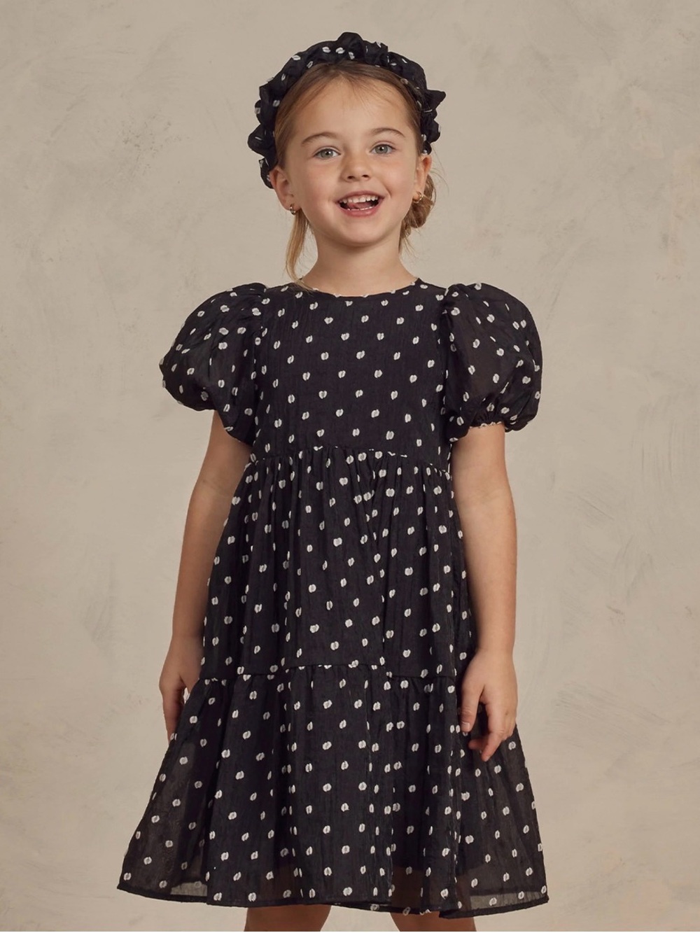 Noralee Girls' Black Puff Sleeve Polka Dot Dress